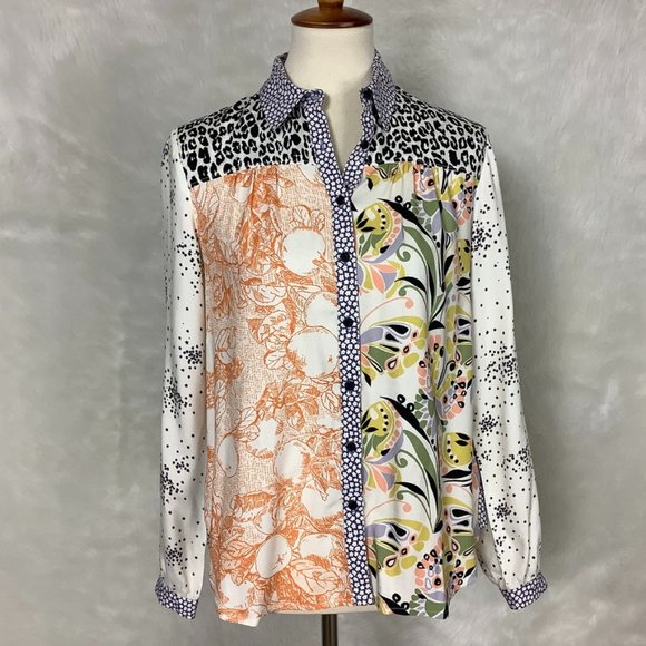 Anthropologie Tops - Anthropologie Maeve Mixed Print Contrast Button Down Blouse Leopard Stars Floral